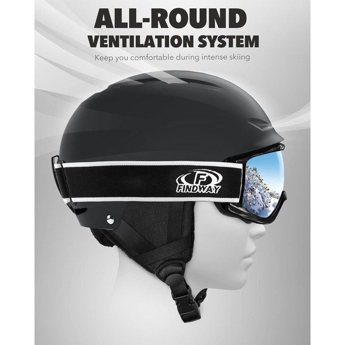Шолом та маска для гірських лиж та сноуборду Findway, чорний. Підходить для жінок, чоловіків та підлітків