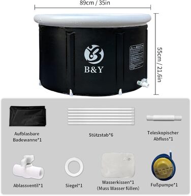 Складана надувна ванна для льодяних купань 89x55 см, чорна, для дорослих, мобільна ванна-лідник, складне льодяне відро для SPA та душу