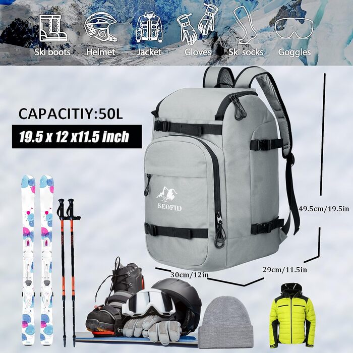 Чохол для лижних черевиків KEOFID, 50L, рюкзак для лиж та сноуборду (сірий)