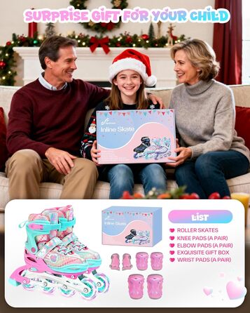 Дитячі ролики Sportneer з регульованим розміром 30-41, комплект з 6 захисними елементами, LED ролики для дівчаток та жінок, рожевий колір, розмір L (EU 38-41)