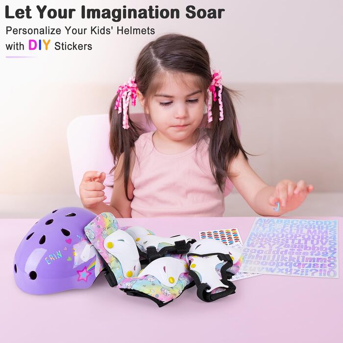 Дитячий шолом Unicorn Castle 7-в-1 з наколінниками, налокітниками та захистом зап'ястків для скейтборду, роликів, велосипеда (3-8 років), фіолетовий