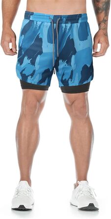 Шорти спортивні чоловічі 2-в-1 для бігу та фітнесу з вбудованою кишенею, камуфляжний (S)