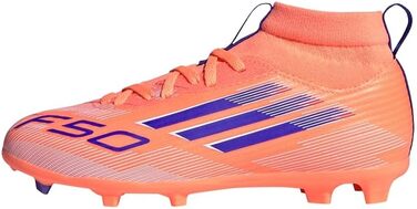 Дитячі футбольні бутси adidas F50 League Mid для гри на твердих та універсальних майданчиках (38 EU, Beam Orange/Lucid Blue/Cloud White)