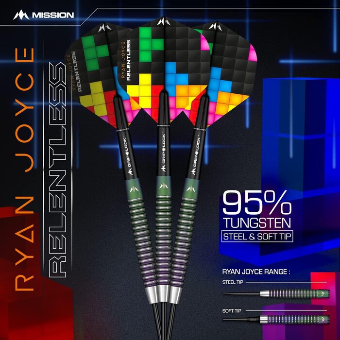 Дартс-набір Mission Darts Ryan Joyce Relentless, 95% вольфрам, PVD-покриття, сталева голка, різні ваги