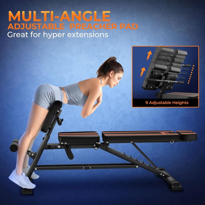 Регульована лава для тренувань 450 кг – високопродуктивна лава з ручками для дому, римський стілець для розтяжки спини та лава для пресу