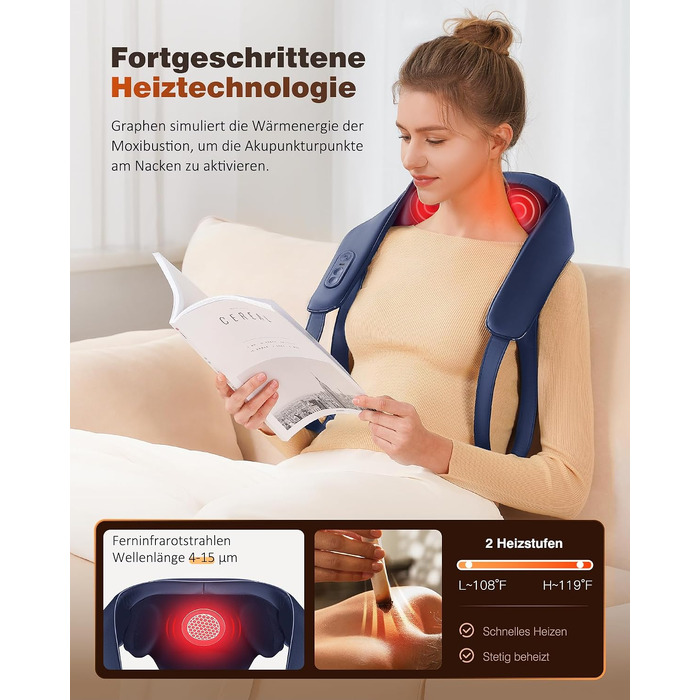 Бездротовий масажер для шиї та плечей KNQZE 4D Shiatsu з інфрачервоним підігрівом (графен), глибокий розминаючий масаж спини, синій