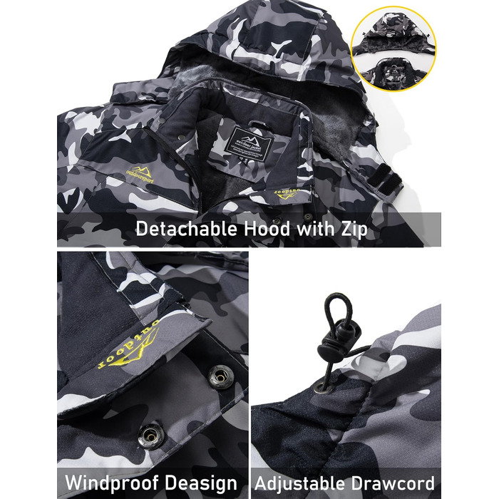 Чоловіча зимова флісова куртка MAGCOMSEN з підкладкою, для катання на лижах, Outdoor, вітронепроникна, водонепроникна, тепла, функціональна куртка з капюшоном для походів та кемпінгу (Чорний-Камуфляж, L)