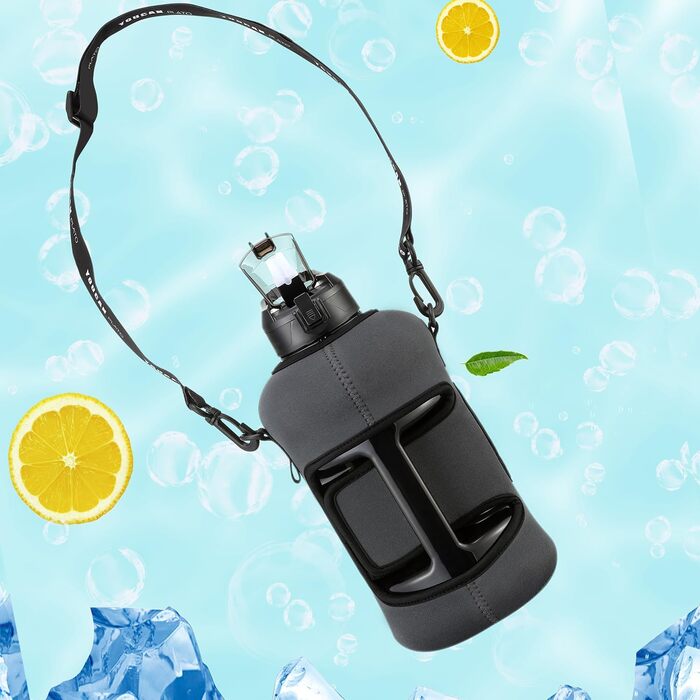 Спортивна пляшка для води Youcan Plato 2 л з трубочкою та чохлом, BPA Free, для газованої води, сіра, фітнес, спортзал