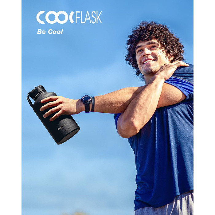 Ізольована пляшка для води Coolflask 2L з трубочкою та 3 кришками, з нержавіючої сталі, для спорту та офісу, подвійне вакуумне покриття, чорна, 2000 мл