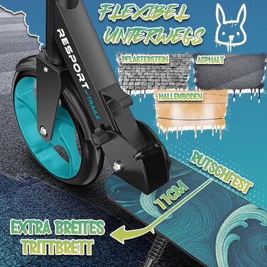 Дитячий та дорослий трюковий самокат Cityroller з дзвінком та ременем | Регульована висота, складаний, до 100 кг | Великі колеса, Kickscooter, турквіс