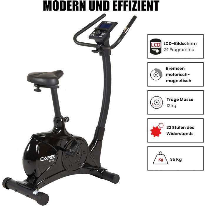 Велотренажер Care Fitness CV-395 для дому, 24 програми, 12 кг маховик, магнітна система, сумісний з Kinomap