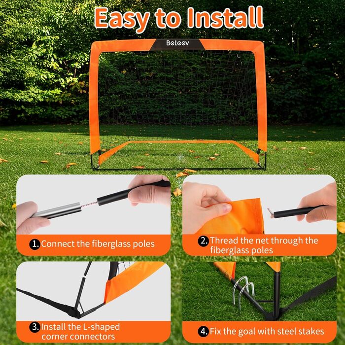 Дитячі футбольні ворота BELEEV для гри в саду та в приміщенні, 4x3/6x4 ft, з LED-підсвічуванням, портативні, складані, комплект з 2 шт., 120*90 см