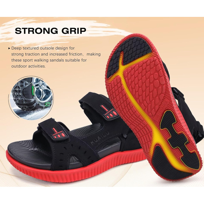 Чоловічі сандалі KuaiLu для трекінгу та відпочинку: ортопедичні, зручні, літні, пляжні, чорно-червоні, розмір 45 EU