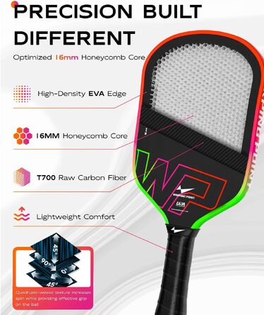 Ракетка для піклболу Warping Point Neon Gen 3, вуглецеве волокно T700, 16 мм EdgeFusion Core, термоформована, UPA-схвалена, для гравців рівня 3.5–4.0, градієнт (зелений, фіолетовий, помаранчевий)