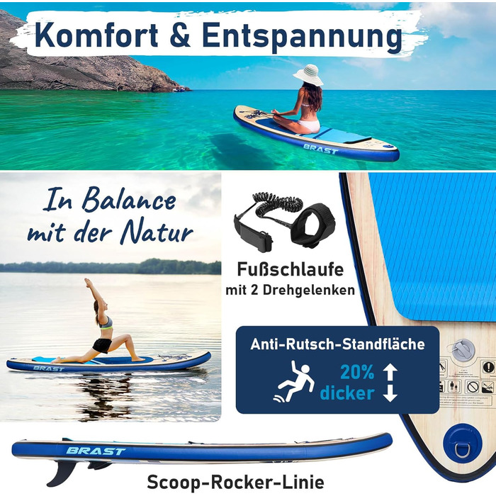 Надувний SUP Борд BRAST Tropic | Комплект для станд-ап паддлбордингу | 320x81x15см | 6 дизайнів | 5 років гарантії | з аксесуарами | 2в1: SUP та каяк, крісло, тримач Action-Cam, петля для ніг, насос, рюкзак (Блакитний)
