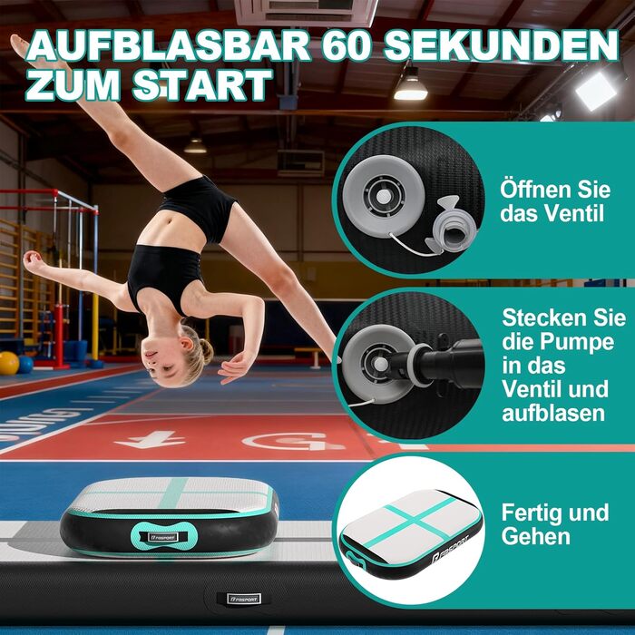 FBSPORT Airtrack Matte - килимок для гімнастики та йоги, 60x100x20 см, чорно-зелений