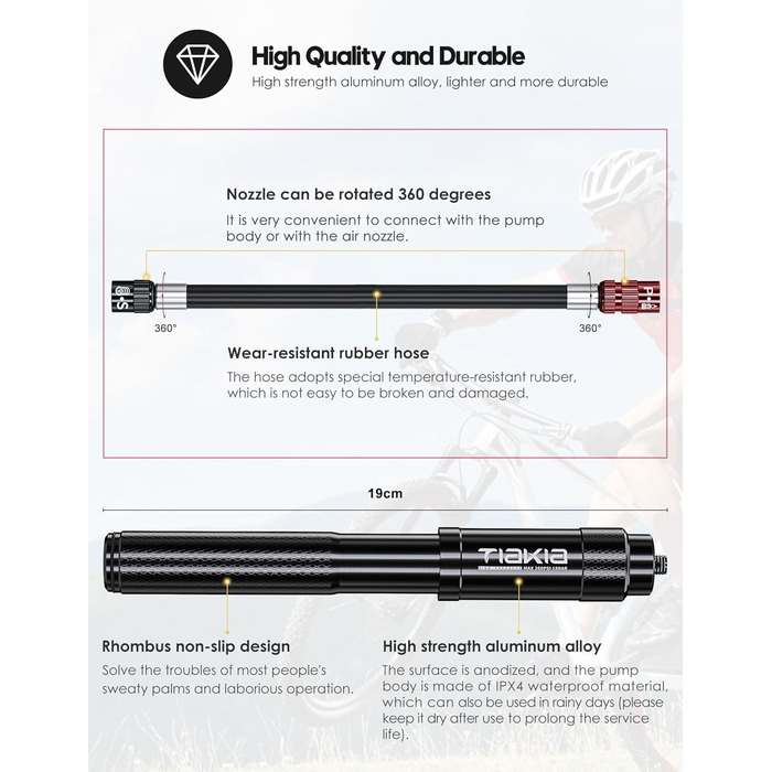 Насос для велосипеда Tiakia Mini 260PSI: компактний ручний насос для Presta, Schrader, Dunlop вентилів. Підходить для BMX, MTB, шосе, електровелосипедів. З кріпленням. Чорний.