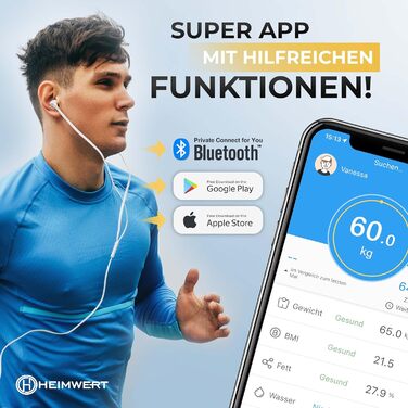 Вага для аналізу складу тіла Heimwert з Bluetooth, USB-зарядкою та додатком - персональна вага для вимірювання жиру