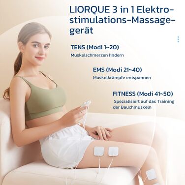 Пристрій TENS EMS Liorque для терапії болю: 3-в-1, 50 режимів, 10 електродів, стимуляція м'язів для рук, ніг, спини, плечей (білий)