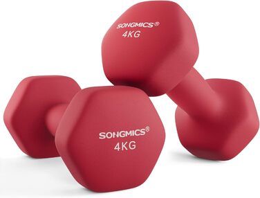 Гантелі SONGMICS 2×4 кг, шестигранні, неопрено́ві, набір для силових тренувань вдома, рубіново-червоні