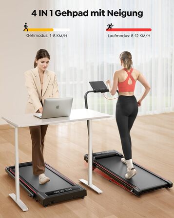 Бігова доріжка для дому з нахилом, 4-в-1 Walking Pad, 12 км/год, складана, 2.5HP, під стіл для дому та офісу, тиха робота