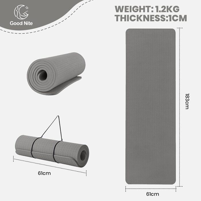 Yogamatta для жінок з антиковзким покриттям 10 мм. Товста килимок для йоги, пілатесу та фітнесу 183x61 см (сірий) з чохлом