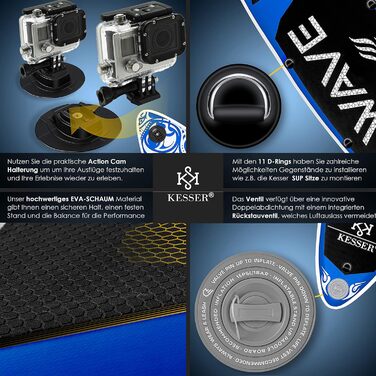 Надувна SUP-дошка KESSER® 6'' преміум для водного спорту, комплект аксесуарів, до 130 кг