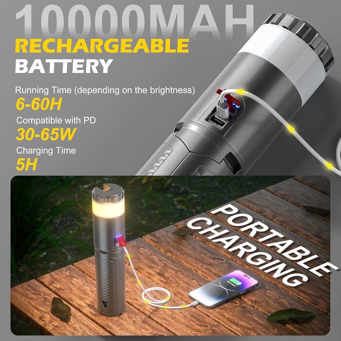Ліхтар кемпінговий Favorlite телескопічний, акумуляторний, 15 режимів, 10000 mAh, з гаком, водонепроникний, для походу та надзвичайних ситуацій