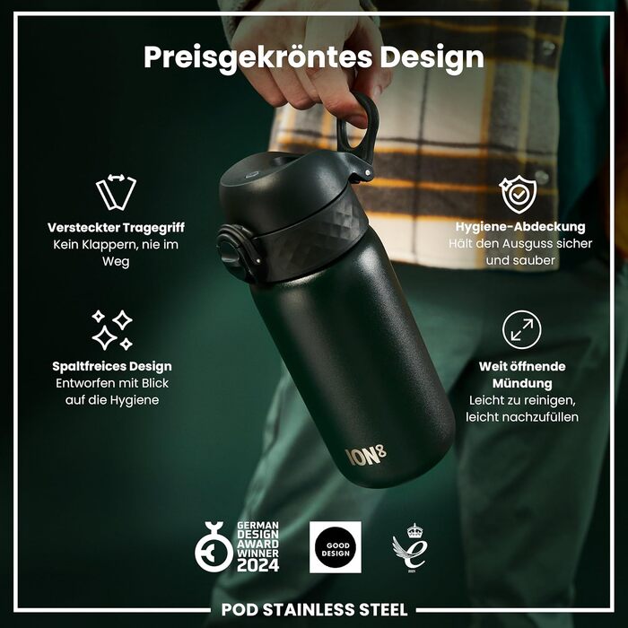 Дитяча пляшка для пиття Ion8 Evo, нержавіюча сталь, 400 мл, без ізоляції, не протікає, відкривається однією рукою, безпечне закриття, можна мити в посудомийній машині, з клапаном, з ручкою, легка у догляді, темно-зелена