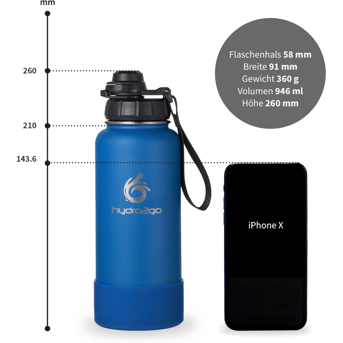 Гідрофляга з нержавіючої сталі hydro2go 1 л, термос для води, спортивна пляшка з кришкою, BPA-free, герметична, для спорту та активного відпочинку, синя