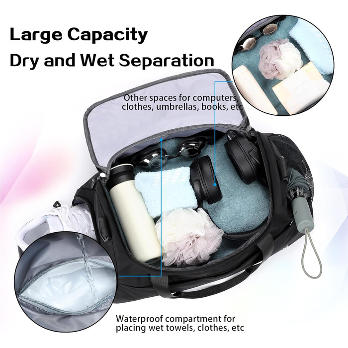 Спортивна сумка для подорожей та спорту, велика (48x23x27 см), з відділенням для взуття та мокрих речей, водонепроникна, для жінок та чоловіків, (ретро-чорний)