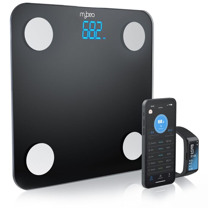 Цифрова вага Bluetooth з додатком - вага для вимірювання жиру, персональна вага, багатофункціональна вага. Аналіз тіла, BMI, жир, м'язи, кістки. Чорний колір