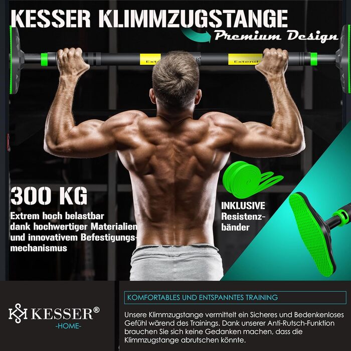 KESSER® Турнік для дверей регульований, турнік для домашніх тренувань, турнік без свердління, висувний 68-106 см, вантажопідйомність до 300 кг, з неслизькими ручками, з еластичними стрічками (зелені)