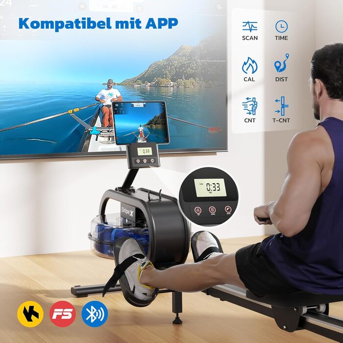 Водне тренажер-гребля Dripex для дому, до 150 кг, Bluetooth, LCD, тримач для планшету