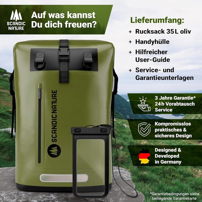 Водонепроникний рюкзак Scandic Nature Pioneer з ролтоп закриттям 35L/55L, чорний, жовтий, оливково-зелений - надміцний завдяки дну з 1000D PVC тканини, водонепроникний чохол для телефону IPX8, 35 літрів