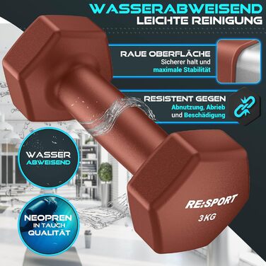 Набір гантелей RE:SPORT® 12 кг з підставкою та фітнес-гумками | 3 пари гантелей 1-5 кг, 12 кг або 18 кг | Нековзкі гантелі з неопрену для жінок та чоловіків | Кольори: бірюзовий/сірий/темно-синій