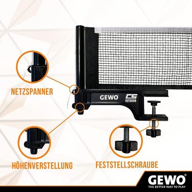 Мережа для настільного тенісу GEWO CS Outdoor - вулична, стійка до погодних умов, з кріпленнями та регулюванням висоти, чорна