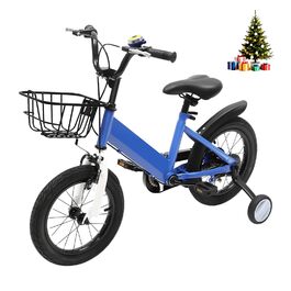 Дитячий велосипед 14 дюймів, регульована висота, велосипед для дівчаток 3-5 років, з додатковими колесами та кошиком, для навчання та катання на вулиці (блакитний)