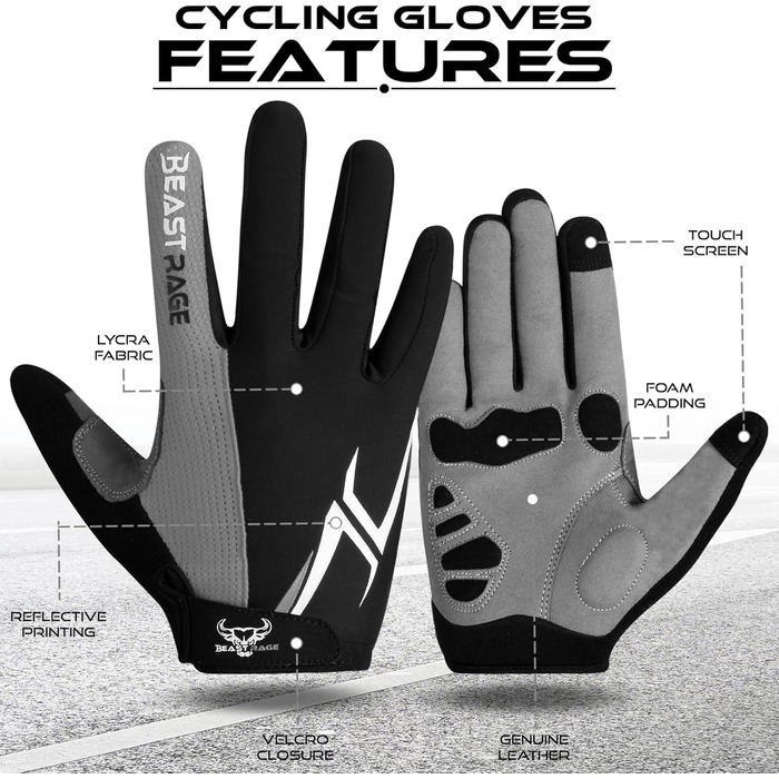 BEAST RAGE: Фінгерові велоперчатки для чоловіків та жінок, гелеві, антиковзні, амортизуючі, для важкої атлетики, фітнесу, MTB, сірі