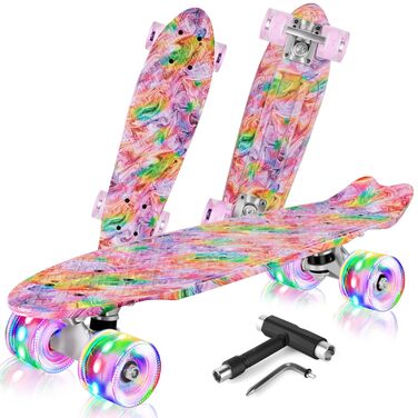 Скейтборд BELEEV 22 дюйми Mini Cruiser з LED-колесами та T-інструментом для початківців (графіті)