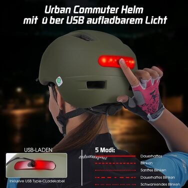 Велосипедний шолом Shinmax для чоловіків і жінок з USB-ліхтарем, 5 режимів, з візором, для міського, гірського і шосейного велосипеда, для дорослих, розмір L (59-61 см), зелений
