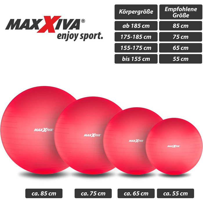 Фітнес-м'яч MAXXIVA 85 см червоний, анти-вибуховий, з насосом, для йоги, пілатесу, реабілітації та фітнесу, до 250 кг, гіпоалергенний
