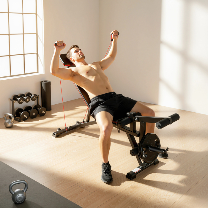 Регульована лава для жиму з вагою до 300 кг 3-в-1: лава для жиму, тренажер для ніг та пулт для згинання ніг. Оснащена роликами, підголівником та еластичними стрічками опору.