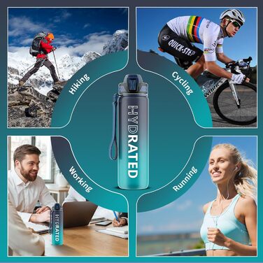 Спортивна пляшка для води 1л Tritan без BPA з трубочкою, з маркуванням часу та щіткою, для фітнесу, школи, йоги, відпочинку на природі (1 шт.), темно-синій