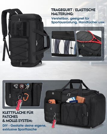 Спортивна сумка RAINSMORE 45L 3-в-1 для фітнесу та подорожей, водонепроникна дорожня сумка з відділенням для взуття та мокрих речей, чорна