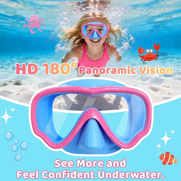 Дитячі маски для снорклінгу Vvinca з регульованим ремінцем, маски для плавання для дітей 3-14 років, хлопчиків та дівчаток, маска для дайвінгу 180° панорама, антизатоплювальна, 1-блакитний+рожевий