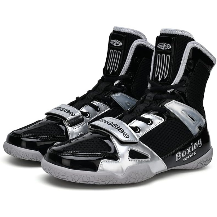 Боксерські кросівки для чоловіків та жінок, дитячі, для занять індоор-фітнесом, бойові кросівки, антиковзаючі та дихаючі хай-топ боксерські кросівки, розмір 47 EU, чорний/сріблястий