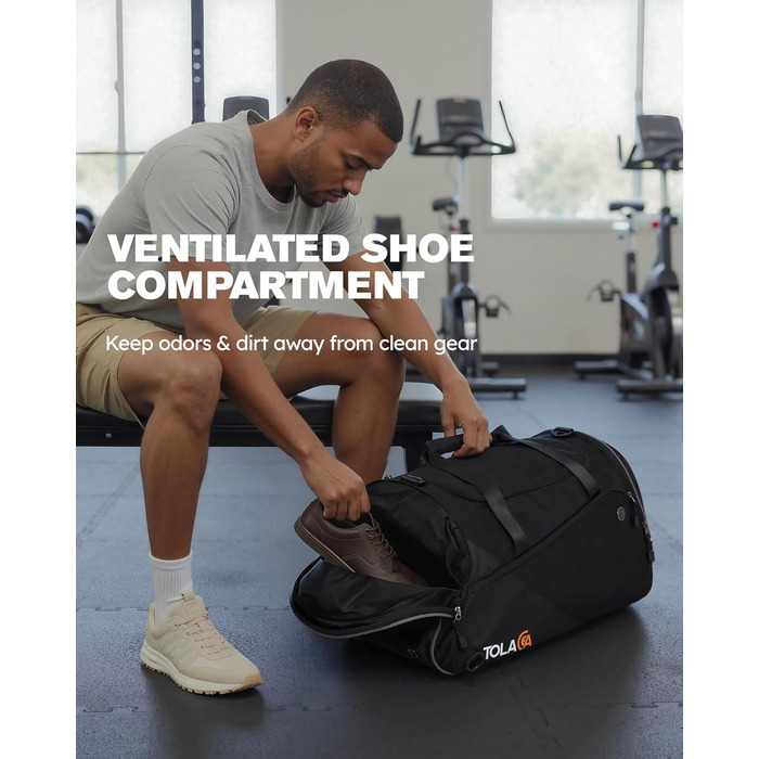 Спортивна сумка Tolaccea з відділенням для взуття та мокрого одягу, 47L, чорна. Ідеальна для фітнесу, тренувань, басейну та подорожей