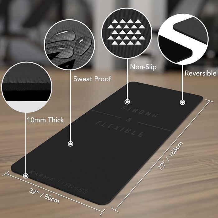 Тренувальний килимок – великий, широкий та товстий (183x80x10 мм) – TPE килимок для фітнесу, йоги, HIIT, Pilates, гімнастики. Сірий, з гравіюванням (чорний)