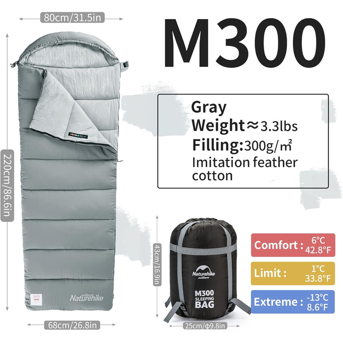 Спальний мішок Naturehike бавовняний з капюшоном, 3-сезонний, легкий, портативний, з'єднуваний, наповнювач M180/M300, сірий